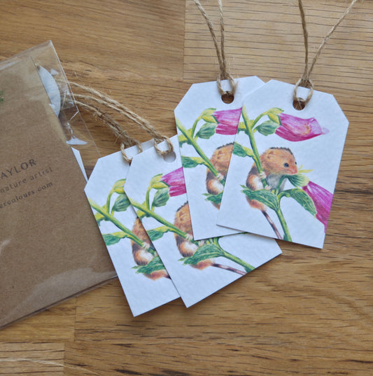 Set of 4 gift tags: mouse and foxglove