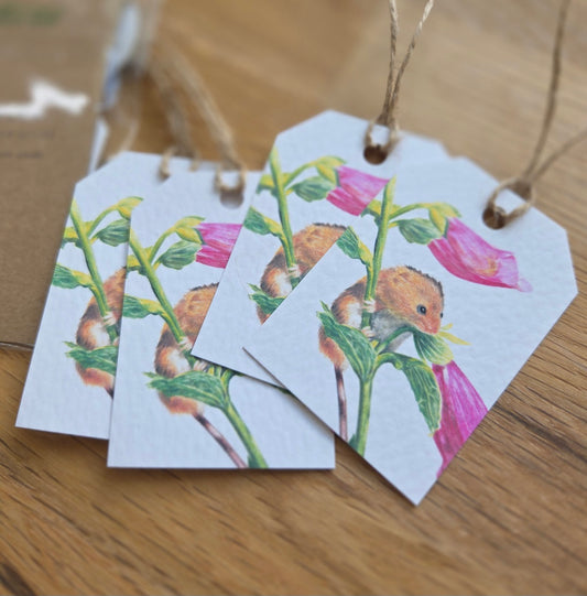 Set of 4 gift tags: mouse and foxglove