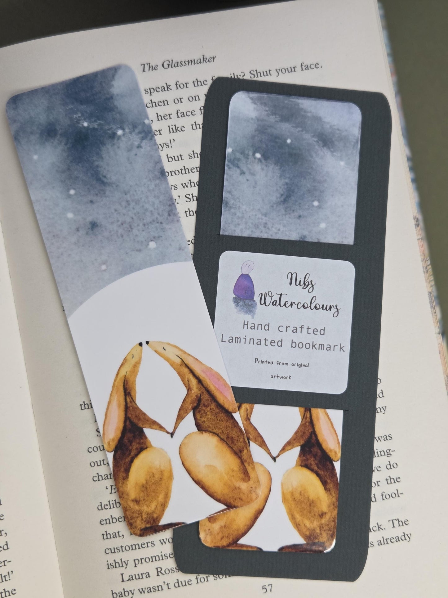 Handmade art print bookmark | watercolour nature bookmark | laminated double sided | moonlight winter hare